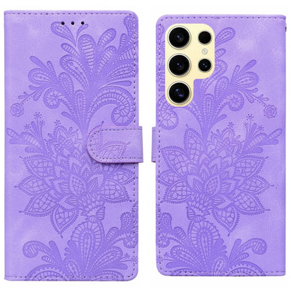 For Samsung Galaxy S25 Ultra 5G Lace Floral Embossed Magnetic Buckle PU Phone Case With Wrist Strap(Purple) by buy2fix