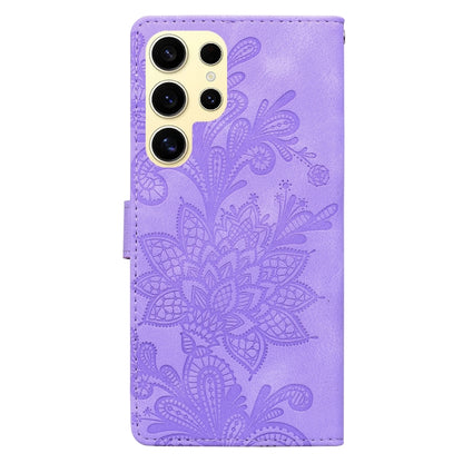 For Samsung Galaxy S25 Ultra 5G Lace Floral Embossed Magnetic Buckle PU Phone Case With Wrist Strap(Purple) by buy2fix