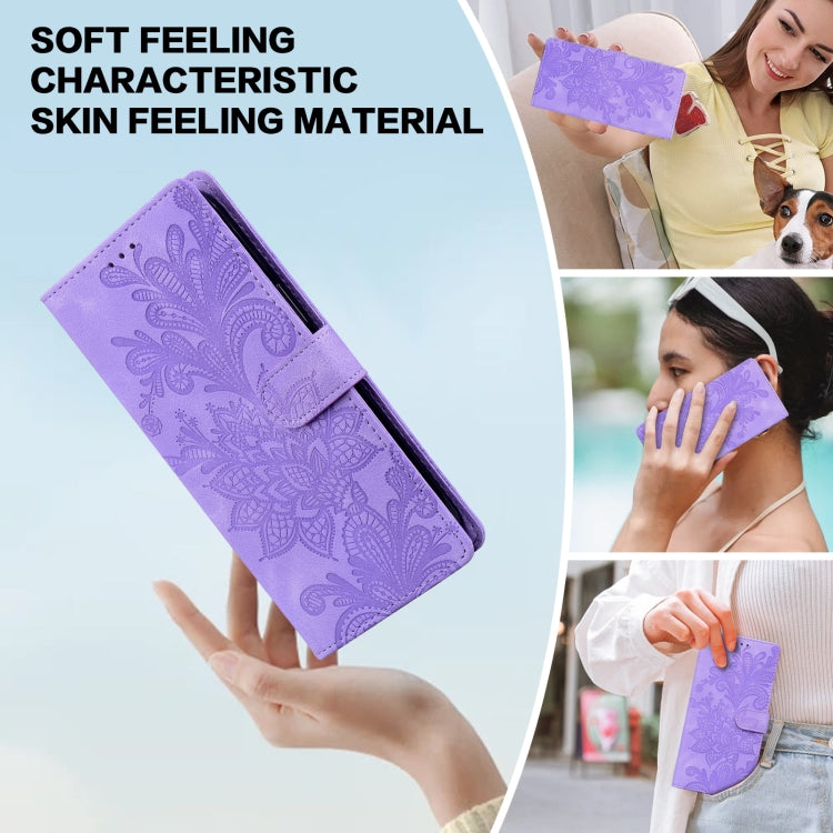 For Samsung Galaxy S25 Ultra 5G Lace Floral Embossed Magnetic Buckle PU Phone Case With Wrist Strap(Purple) by buy2fix