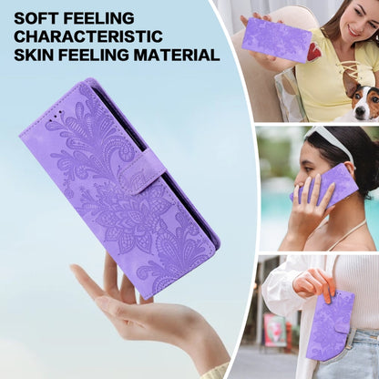 For Samsung Galaxy S25 Ultra 5G Lace Floral Embossed Magnetic Buckle PU Phone Case With Wrist Strap(Purple) by buy2fix