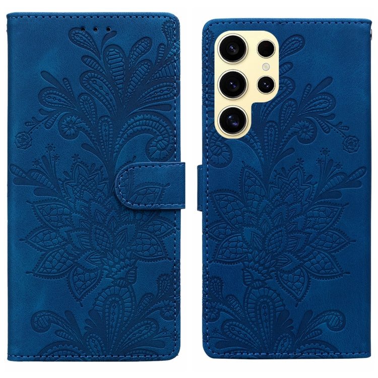 For Samsung Galaxy S25 Ultra 5G Lace Floral Embossed Magnetic Buckle PU Phone Case With Wrist Strap(Blue) by buy2fix
