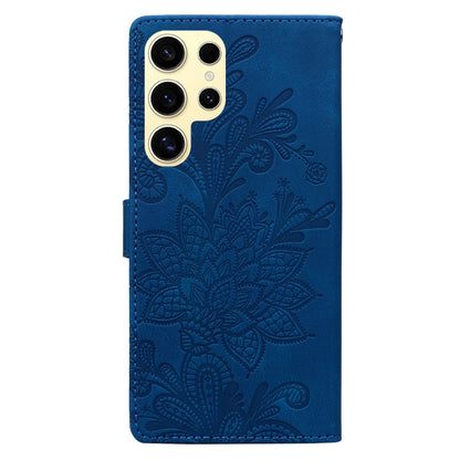 For Samsung Galaxy S25 Ultra 5G Lace Floral Embossed Magnetic Buckle PU Phone Case With Wrist Strap(Blue) by buy2fix