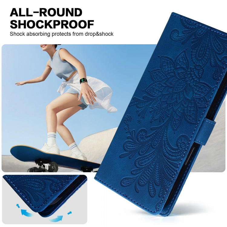 For Samsung Galaxy S25 Ultra 5G Lace Floral Embossed Magnetic Buckle PU Phone Case With Wrist Strap(Blue) by buy2fix