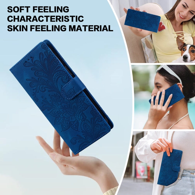 For Samsung Galaxy S25 Ultra 5G Lace Floral Embossed Magnetic Buckle PU Phone Case With Wrist Strap(Blue) by buy2fix