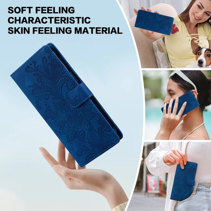 For Samsung Galaxy S25 Ultra 5G Lace Floral Embossed Magnetic Buckle PU Phone Case With Wrist Strap(Blue) by buy2fix