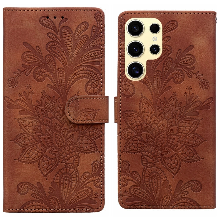For Samsung Galaxy S25 Ultra 5G Lace Floral Embossed Magnetic Buckle PU Phone Case With Wrist Strap(Brown) by buy2fix