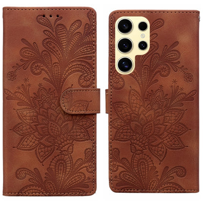 For Samsung Galaxy S25 Ultra 5G Lace Floral Embossed Magnetic Buckle PU Phone Case With Wrist Strap(Brown) by buy2fix