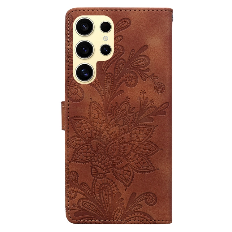 For Samsung Galaxy S25 Ultra 5G Lace Floral Embossed Magnetic Buckle PU Phone Case With Wrist Strap(Brown) by buy2fix