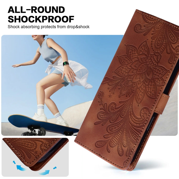 For Samsung Galaxy S25 Ultra 5G Lace Floral Embossed Magnetic Buckle PU Phone Case With Wrist Strap(Brown) by buy2fix