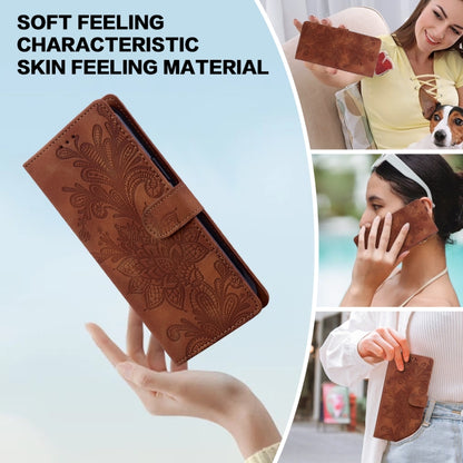 For Samsung Galaxy S25 Ultra 5G Lace Floral Embossed Magnetic Buckle PU Phone Case With Wrist Strap(Brown) by buy2fix