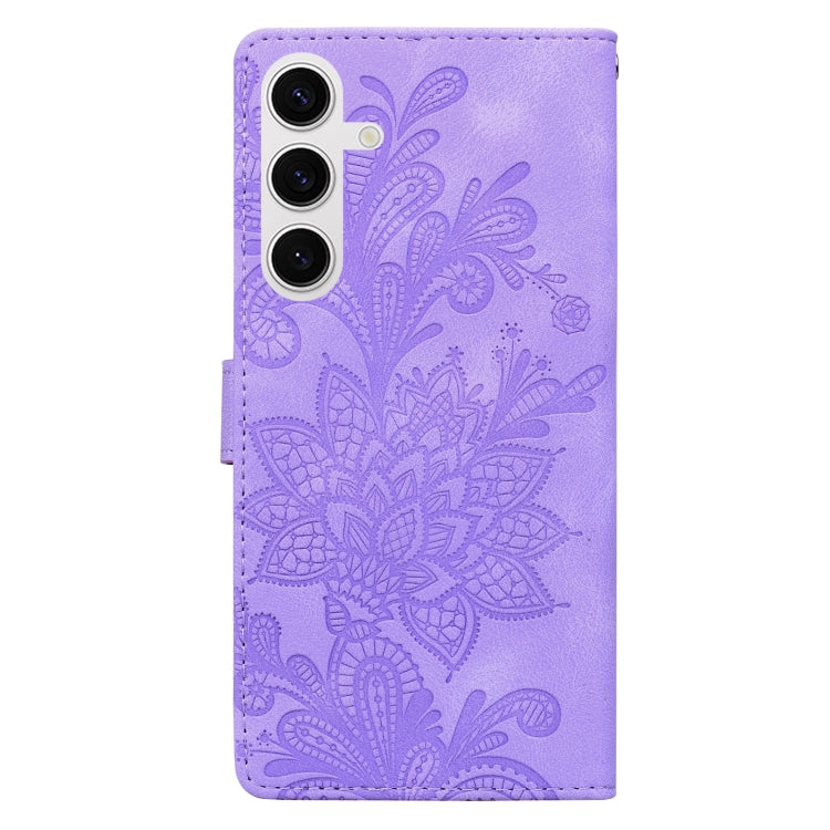 For Samsung Galaxy S25+ 5G Lace Floral Embossed Magnetic Buckle PU Phone Case With Wrist Strap(Purple) by buy2fix