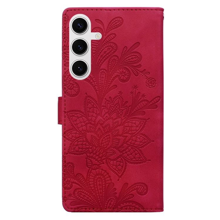 For Samsung Galaxy S25+ 5G Lace Floral Embossed Magnetic Buckle PU Phone Case With Wrist Strap(Red) by buy2fix