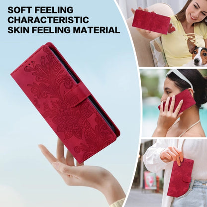 For Samsung Galaxy S25+ 5G Lace Floral Embossed Magnetic Buckle PU Phone Case With Wrist Strap(Red) by buy2fix