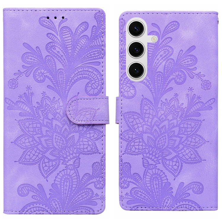 For Samsung Galaxy S25 5G Lace Floral Embossed Magnetic Buckle PU Phone Case With Wrist Strap(Purple) by buy2fix
