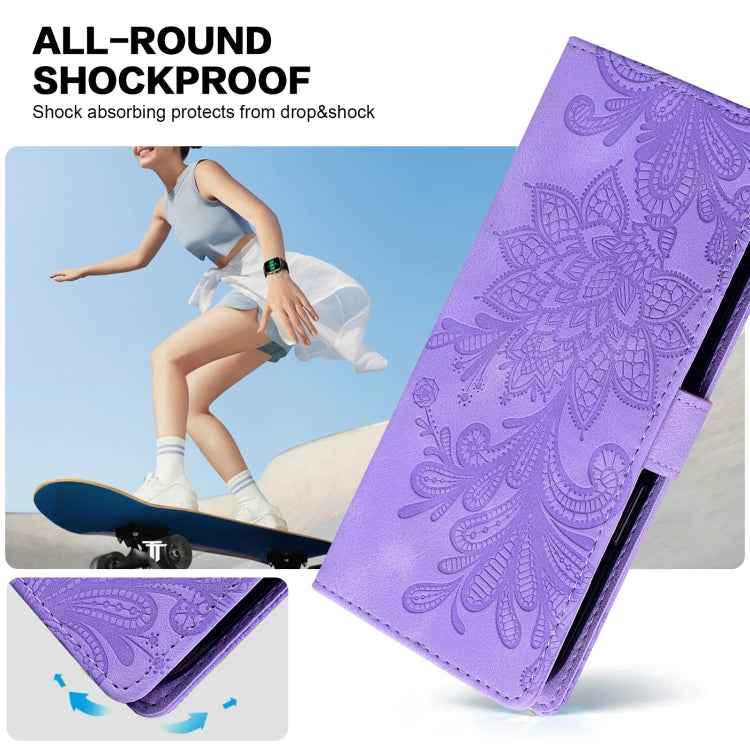 For Samsung Galaxy S25 5G Lace Floral Embossed Magnetic Buckle PU Phone Case With Wrist Strap(Purple) by buy2fix