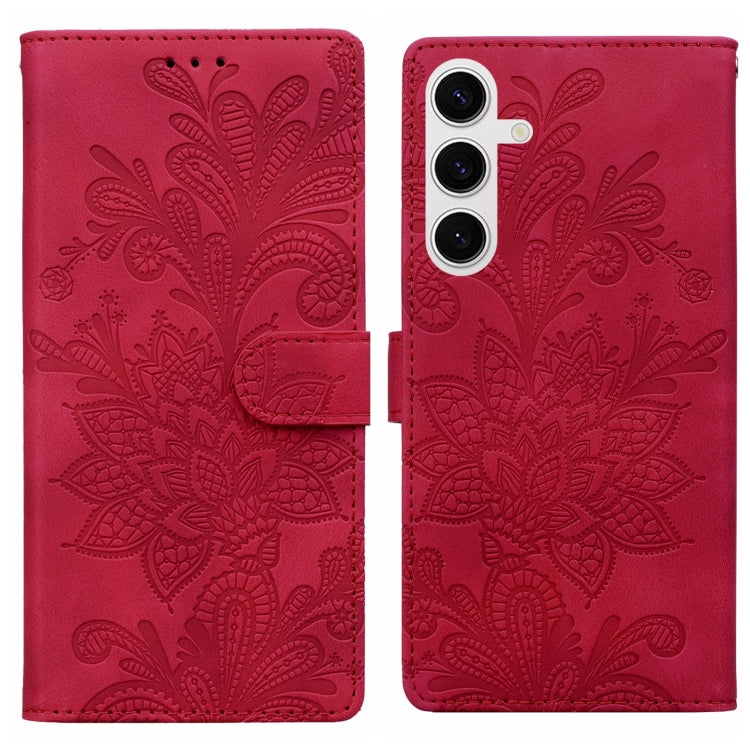 For Samsung Galaxy S25 5G Lace Floral Embossed Magnetic Buckle PU Phone Case With Wrist Strap(Red) by buy2fix