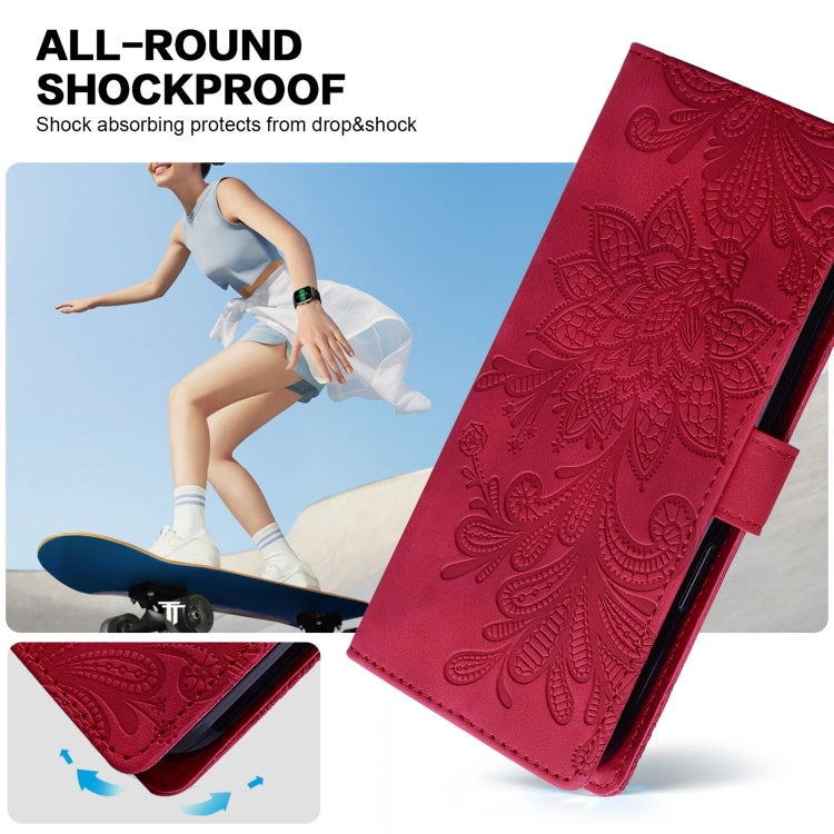 For Samsung Galaxy S25 5G Lace Floral Embossed Magnetic Buckle PU Phone Case With Wrist Strap(Red) by buy2fix