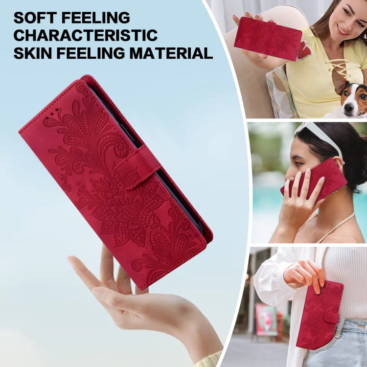 For Samsung Galaxy S25 5G Lace Floral Embossed Magnetic Buckle PU Phone Case With Wrist Strap(Red) by buy2fix