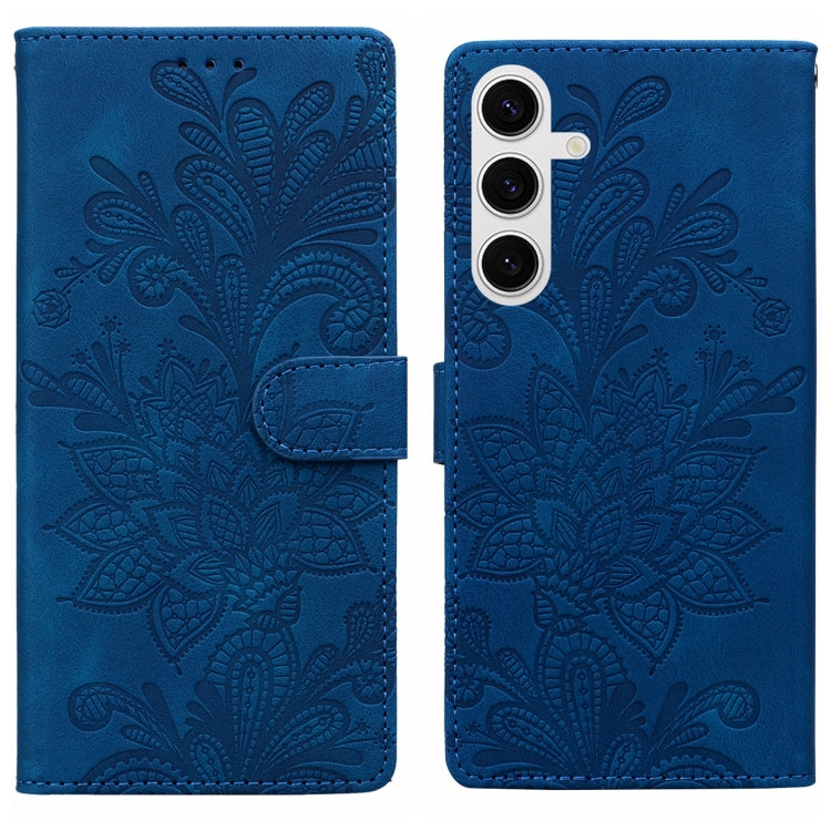 For Samsung Galaxy S25 5G Lace Floral Embossed Magnetic Buckle PU Phone Case With Wrist Strap(Blue) by buy2fix