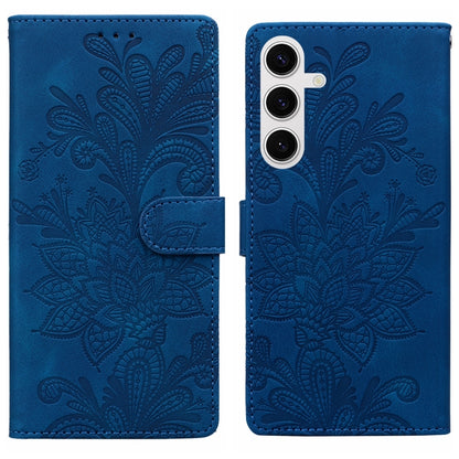 For Samsung Galaxy S25 5G Lace Floral Embossed Magnetic Buckle PU Phone Case With Wrist Strap(Blue) by buy2fix