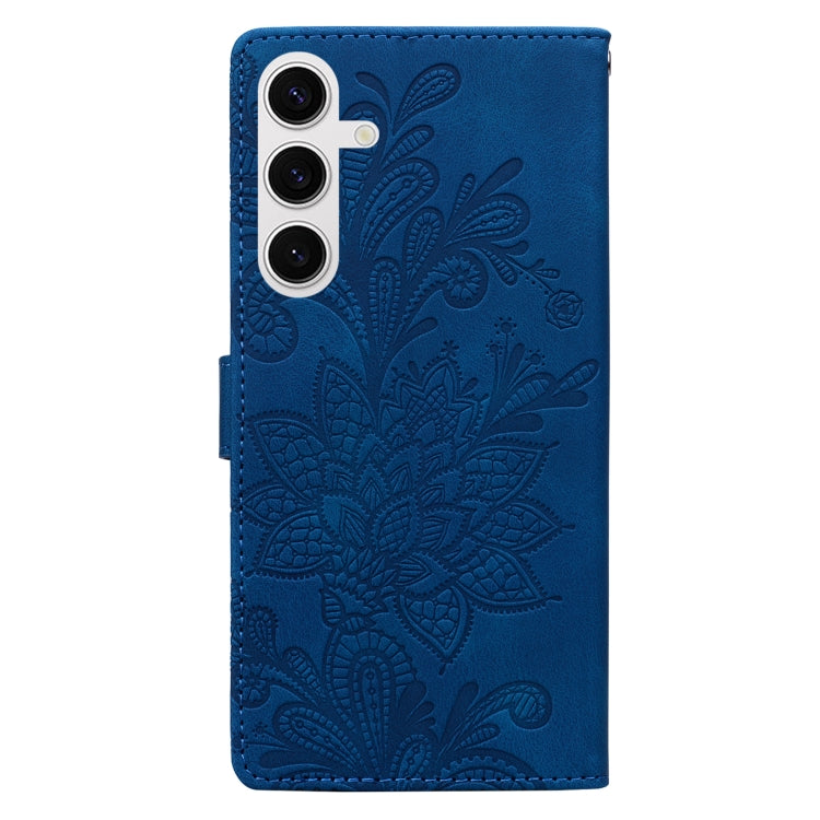 For Samsung Galaxy S25 5G Lace Floral Embossed Magnetic Buckle PU Phone Case With Wrist Strap(Blue) by buy2fix