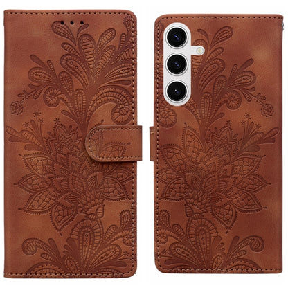 For Samsung Galaxy S25 5G Lace Floral Embossed Magnetic Buckle PU Phone Case With Wrist Strap(Brown) by buy2fix