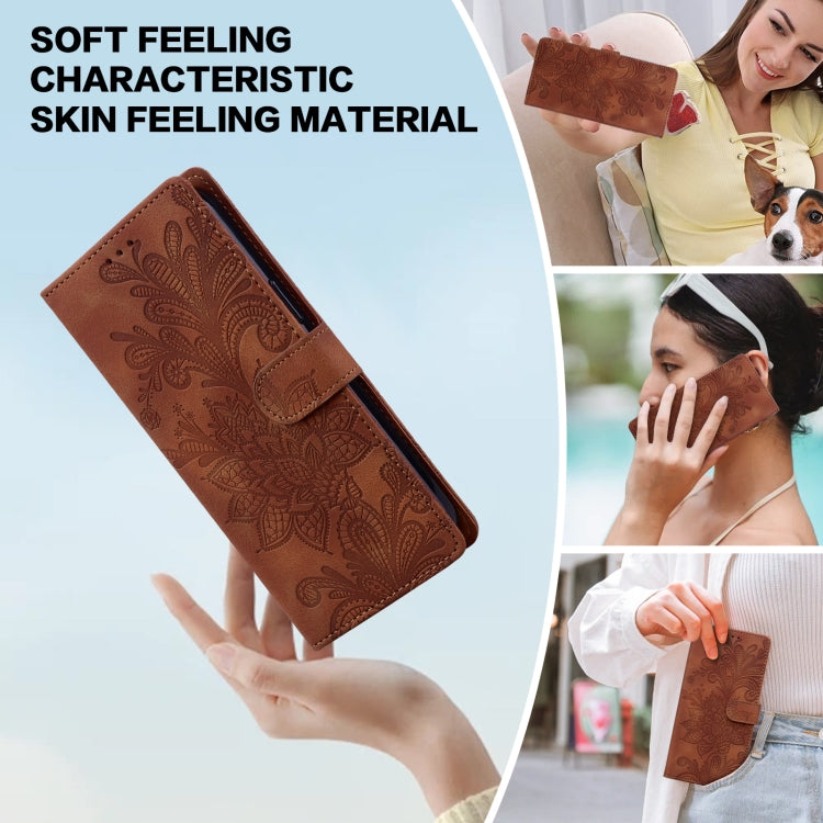 For Samsung Galaxy S25 5G Lace Floral Embossed Magnetic Buckle PU Phone Case With Wrist Strap(Brown) by buy2fix