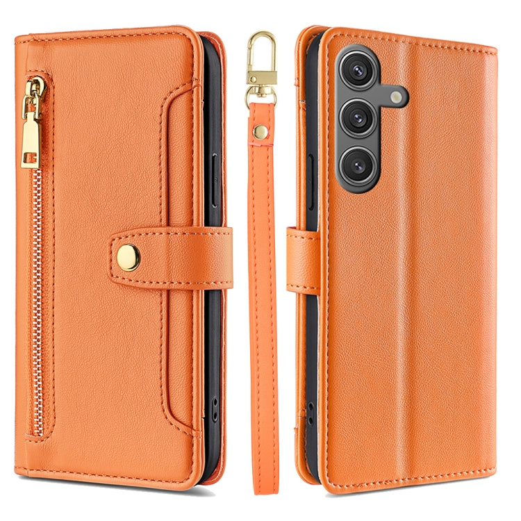 For Samsung Galaxy S25 5G Sheep Texture Cross-body Zipper Wallet Leather Phone Case(Orange) by buy2fix