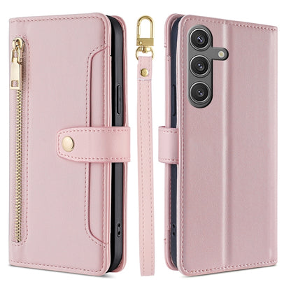 For Samsung Galaxy S25 5G Sheep Texture Cross-body Zipper Wallet Leather Phone Case(Pink) by buy2fix