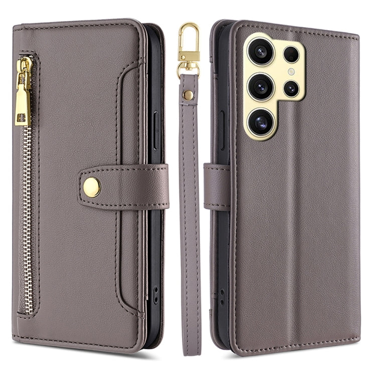 For Samsung Galaxy S25 Ultra 5G Sheep Texture Cross-body Zipper Wallet Leather Phone Case(Grey) by buy2fix