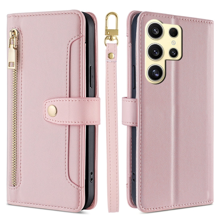 For Samsung Galaxy S25 Ultra 5G Sheep Texture Cross-body Zipper Wallet Leather Phone Case(Pink) by buy2fix