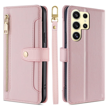 For Samsung Galaxy S25 Ultra 5G Sheep Texture Cross-body Zipper Wallet Leather Phone Case(Pink) by buy2fix