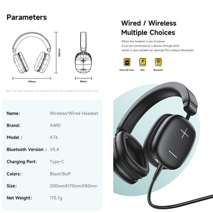 awei AT6 Wireless Bluetooth V5.4 Hi-Fi Stereo Headphones(Black) - Headset & Headphone by awei | Online Shopping UK | buy2fix