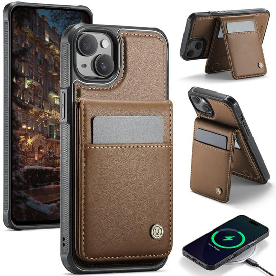 For iPhone 15 JEEHOOD J06 British Style RFID MagSafe Card Bag PU Phone Case(Brown)
