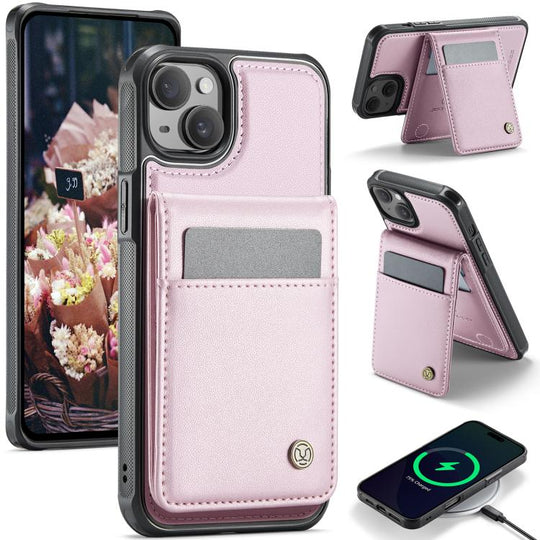 For iPhone 15 JEEHOOD J06 British Style RFID MagSafe Card Bag PU Phone Case(Pink)
