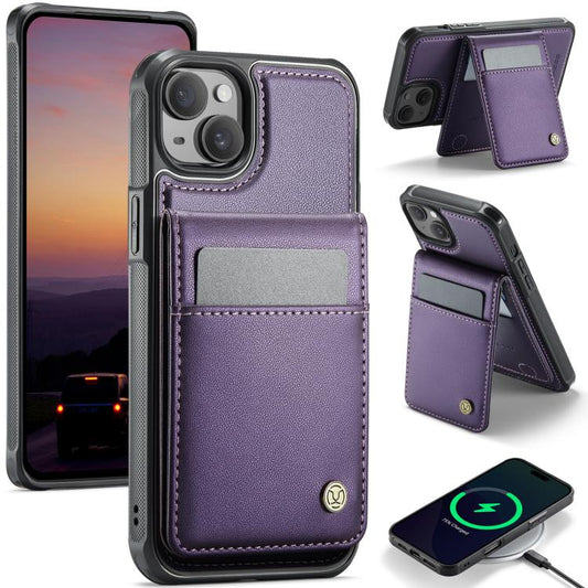 For iPhone 14 JEEHOOD J06 British Style RFID MagSafe Card Bag PU Phone Case(Purple) - iPhone 14 Cases by JEEHOOD | Online Shopping UK | buy2fix