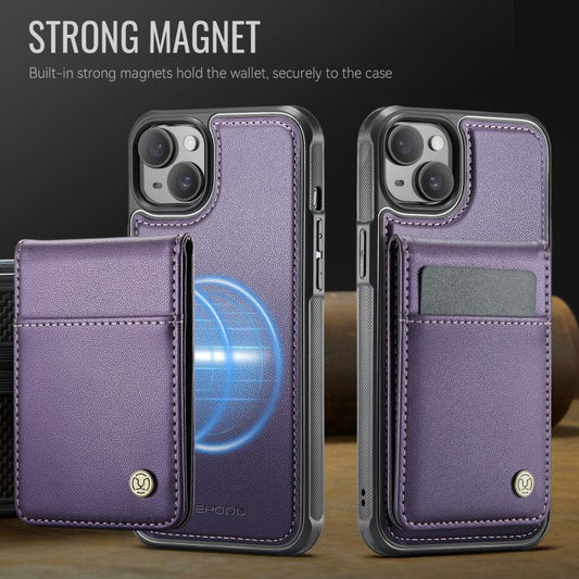 For iPhone 14 JEEHOOD J06 British Style RFID MagSafe Card Bag PU Phone Case(Purple) - iPhone 14 Cases by JEEHOOD | Online Shopping UK | buy2fix