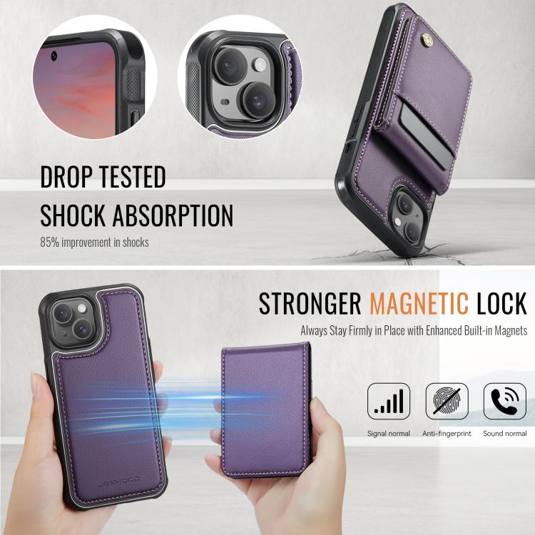 For iPhone 14 JEEHOOD J06 British Style RFID MagSafe Card Bag PU Phone Case(Purple) - iPhone 14 Cases by JEEHOOD | Online Shopping UK | buy2fix