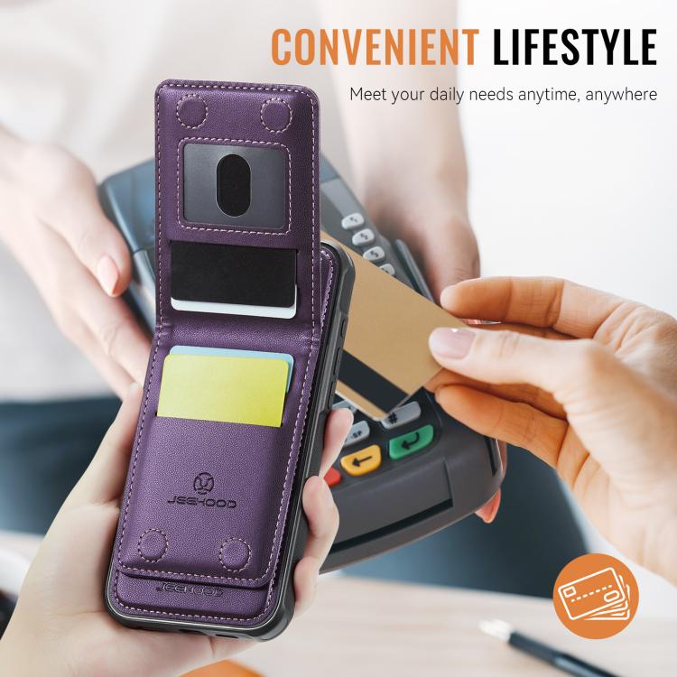 For iPhone 15 Pro JEEHOOD J06 British Style RFID MagSafe Card Bag PU Phone Case(Purple) - iPhone 15 Pro Cases by JEEHOOD | Online Shopping UK | buy2fix