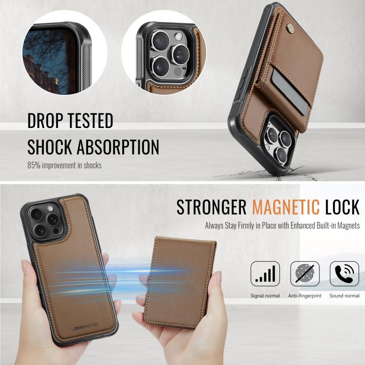 For iPhone 15 Pro JEEHOOD J06 British Style RFID MagSafe Card Bag PU Phone Case(Brown) - iPhone 15 Pro Cases by JEEHOOD | Online Shopping UK | buy2fix