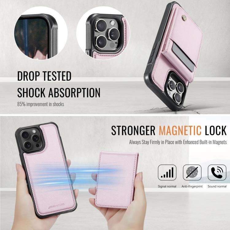 For iPhone 15 Pro JEEHOOD J06 British Style RFID MagSafe Card Bag PU Phone Case(Pink) - iPhone 15 Pro Cases by JEEHOOD | Online Shopping UK | buy2fix