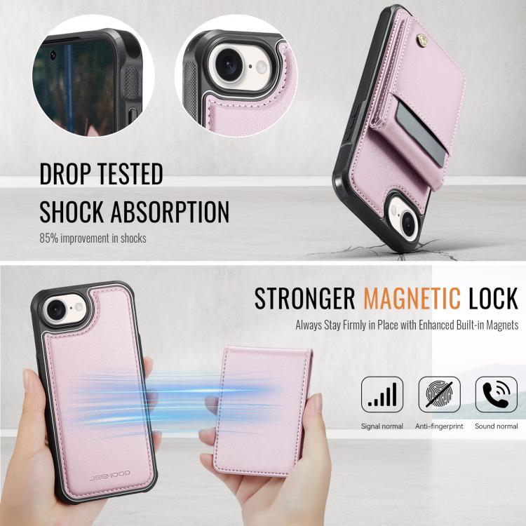 For iPhone 16e JEEHOOD J06 British Style RFID MagSafe Card Bag PU Phone Case(Pink) - iPhone 16e Cases by JEEHOOD | Online Shopping UK | buy2fix