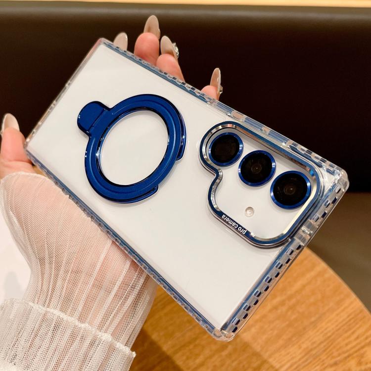 For Samsung Galaxy S25 5G Transparent MagSafe Holder Phone Case with Lens Film(Blue) by buy2fix