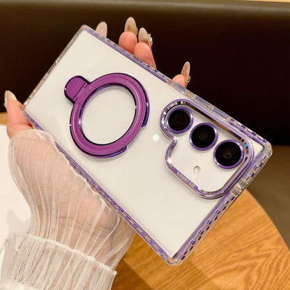 For Samsung Galaxy S25 5G Transparent MagSafe Holder Phone Case with Lens Film(Purple) by buy2fix
