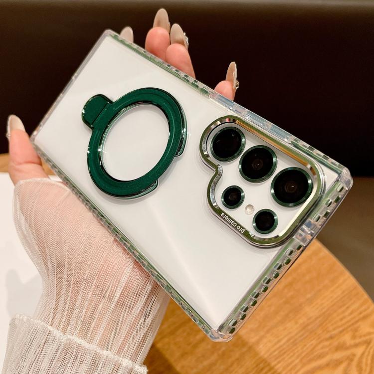 For Samsung Galaxy S25 Ultra 5G Transparent MagSafe Holder Phone Case with Lens Film(Green) by buy2fix