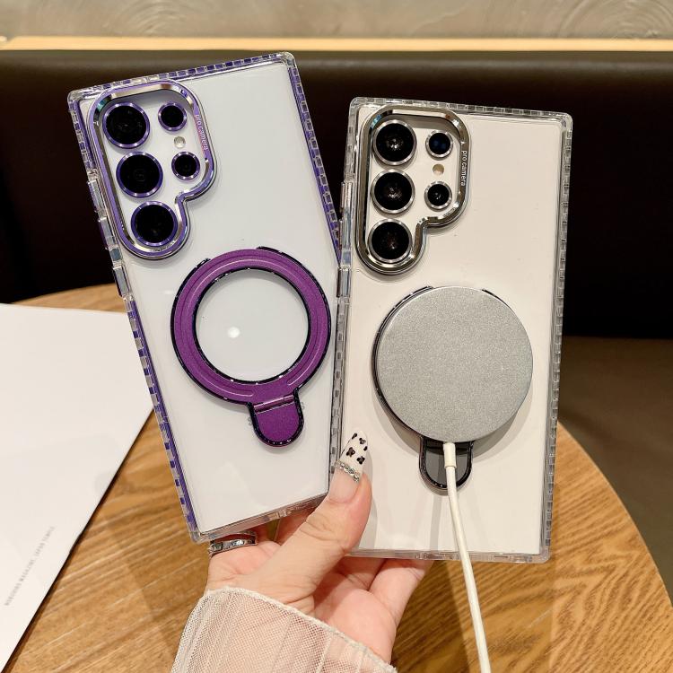 For Samsung Galaxy S25 Ultra 5G Transparent MagSafe Holder Phone Case with Lens Film(Purple) by buy2fix