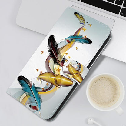 For iPhone 16e Crystal Texture Colored Drawing Leather Phone Case(Gold Butterfly Feathers) - iPhone 16e Cases by buy2fix | Online Shopping UK | buy2fix
