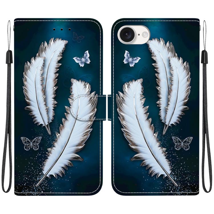 For iPhone 16e Crystal Texture Colored Drawing Leather Phone Case(White Butterfly Feathers) - iPhone 16e Cases by buy2fix | Online Shopping UK | buy2fix