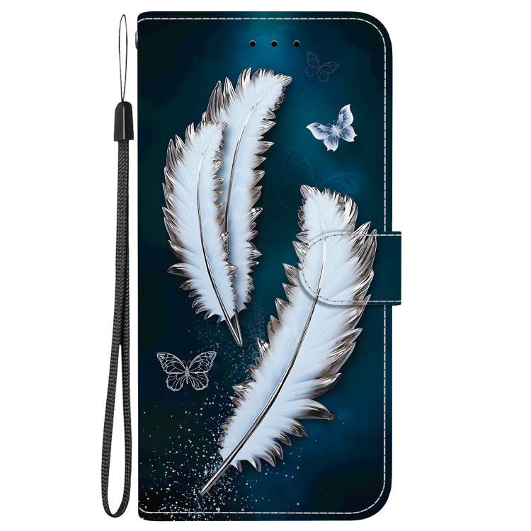 For iPhone 16e Crystal Texture Colored Drawing Leather Phone Case(White Butterfly Feathers) - iPhone 16e Cases by buy2fix | Online Shopping UK | buy2fix