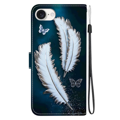 For iPhone 16e Crystal Texture Colored Drawing Leather Phone Case(White Butterfly Feathers) - iPhone 16e Cases by buy2fix | Online Shopping UK | buy2fix